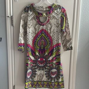 Y2K Vibrant Floral Paisley Mini Dress Keyhole Neckline Small Boho Retro Festival